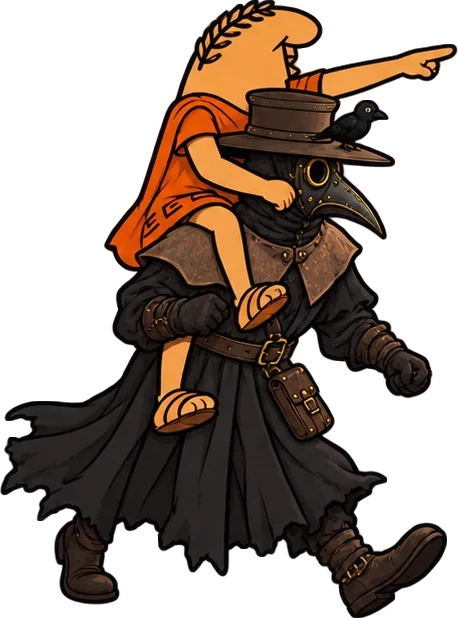 Lil Caesar riding on the plague doctor's shoulders, pointing the way